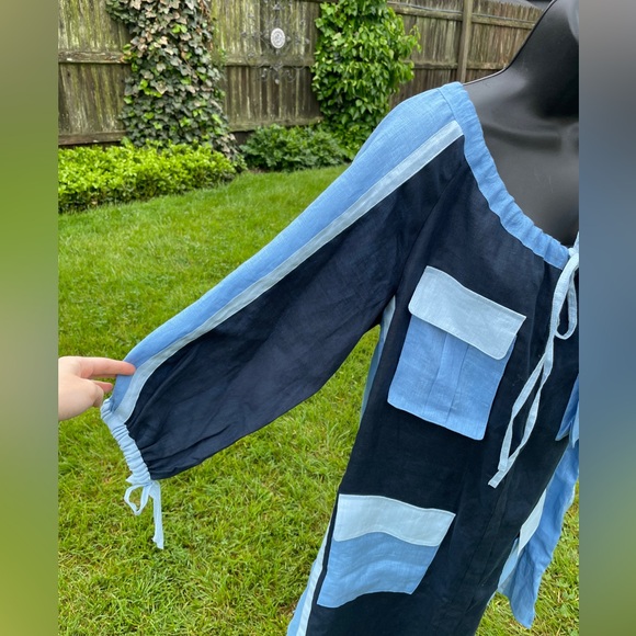 March 11 Eleven women’s 100% linen dress‎ LARGE patchwork blue peasant lagenlook - Picture 5 of 16